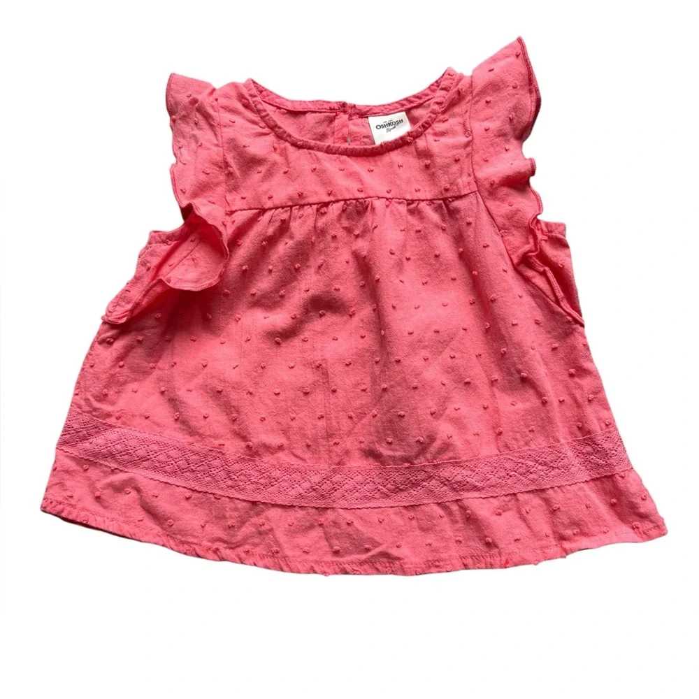Osh Kosh Baby Girls 6M Pink Cotton Blouse, Ruffled Sleeves, Puff‎ Embroidery